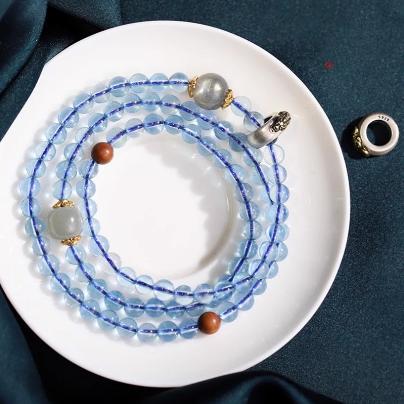s925纯银复古多圈手链上新女式海蓝宝108颗手链文艺佛珠手捻民族