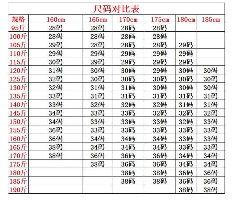 尺码对照
