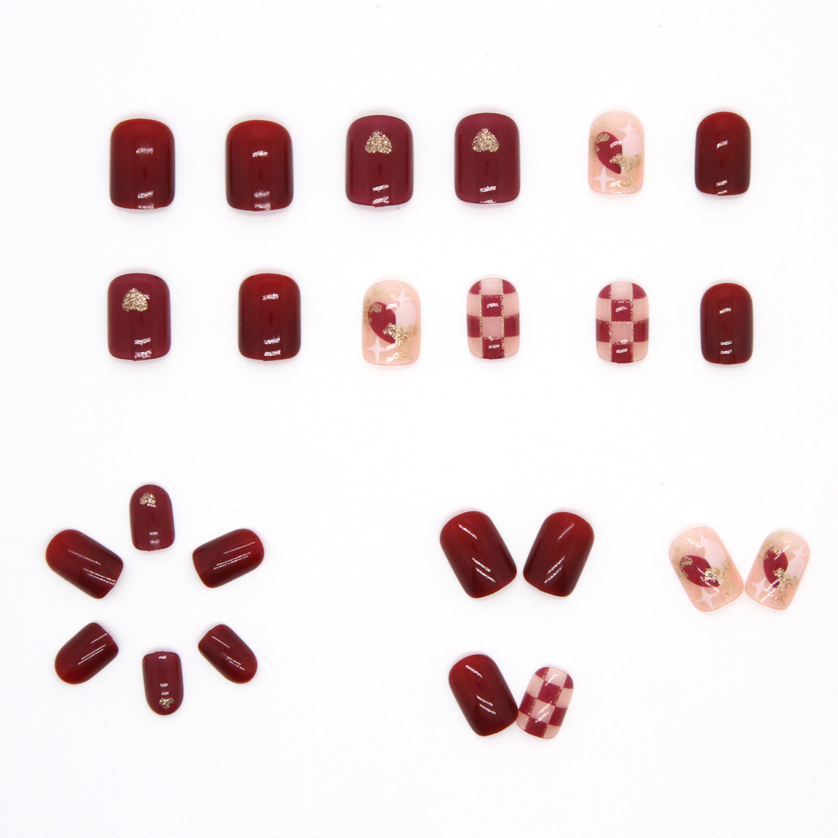 Uñas portátiles, uñas postizas desmontables, pegatinas de uñas rojas de amor blanco, tablero de ajedrez, uñas portátiles