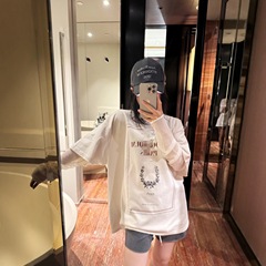 2025新款宽松印花假两件网纱半透做旧长袖卫衣女日韩休闲上衣女