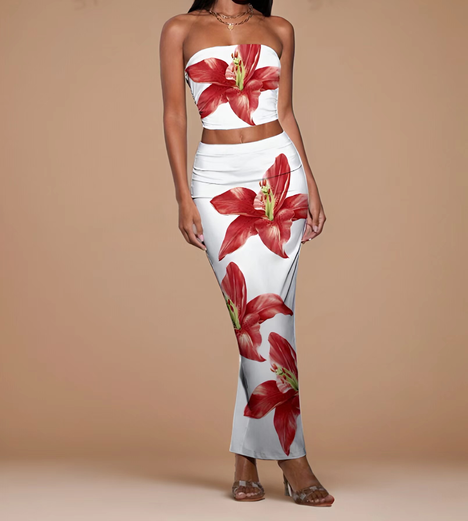 280g Weight Sleeveless Sleeve Length Spandex, Polyester Fabric Type Skirt Co-ord Set Sets Type 2 Pieces Set Quantity Holiday Occasion Strapless Neckline Slim Fit Type Flower Pattern Summer Season Women's Gender Elegant Style Holiday Women's Elegant Flower Spandex Polyester Skirt Co-ord Set Skirt Sets 6