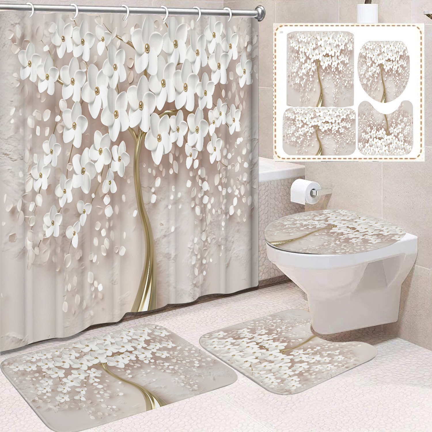Flor blanca cortina de baño inodoro cortina de partición impermeable de baño cortina de lavado separación seca y húmeda cortina de puerta colgante sin agujeros