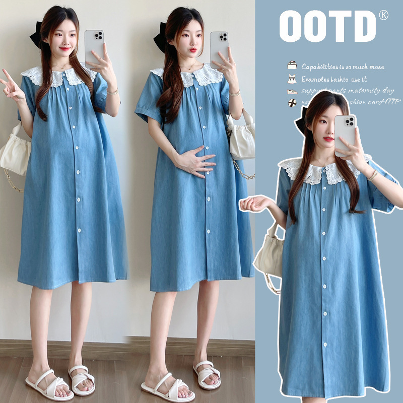 2025 spring and autumn pregnant women dress summer doll collar denim skirt summer thin outer wear skirt nursing summer long