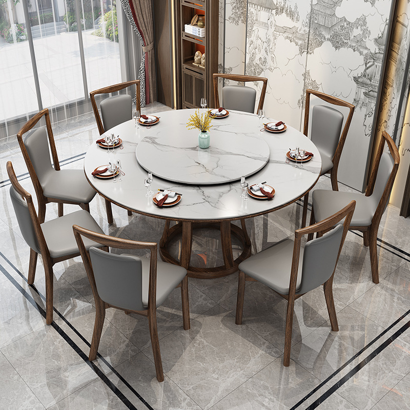 New Chinese Style Walnut Wood Solid Rock Slab Dining Table and Chair Set, Simple Home Use, Suitable for Small and Large Households, Round Table with Turntable for Eating
