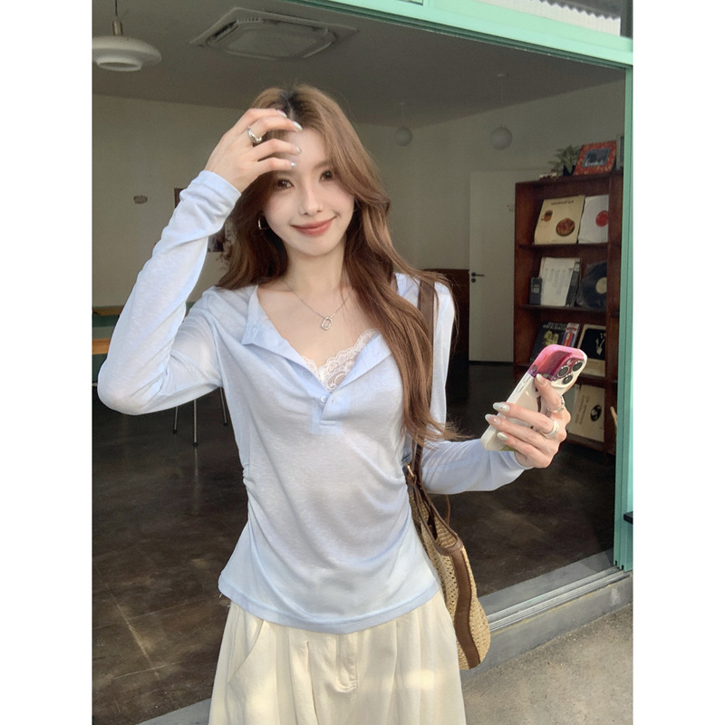 Real shot 2025 summer Korean half open collar lace stitching fake two-piece lyocell thin sunscreen blouse T-shirt top Real shot 2025 summer Korean half open collar lace stitching fake two-piece lyocell thin sunscreen blouse T-shirt top