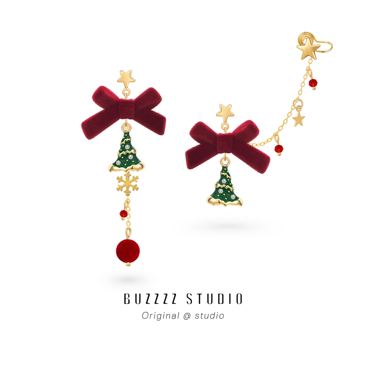 圣诞节圣诞树耳骨夹2025新款红色节日感蝴蝶结耳环无耳洞耳饰