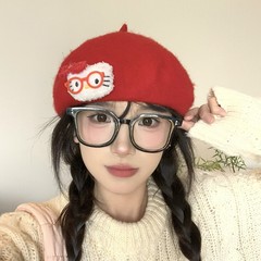 可爱卡通kitty猫红色贝雷帽女夏季薄款甜美显脸小八角帽画家帽子