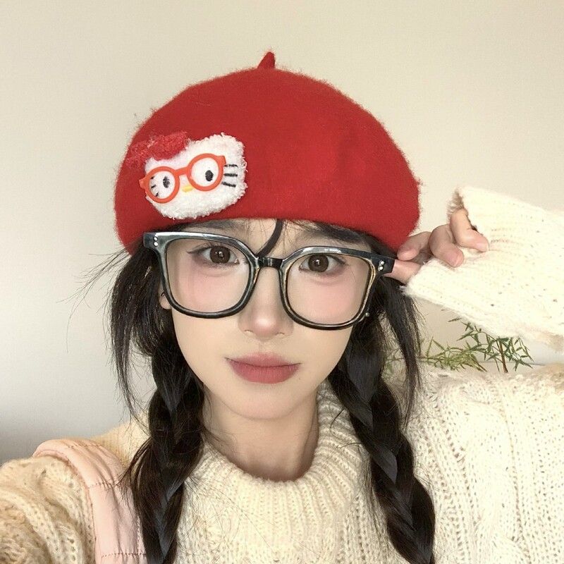 可爱卡通kitty猫红色贝雷帽女夏季薄款甜美显脸小八角帽画家帽子|undefined