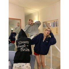 新款2025春秋美式字母钉珠连帽卫衣男女情侣宽松休闲外套拉链开衫