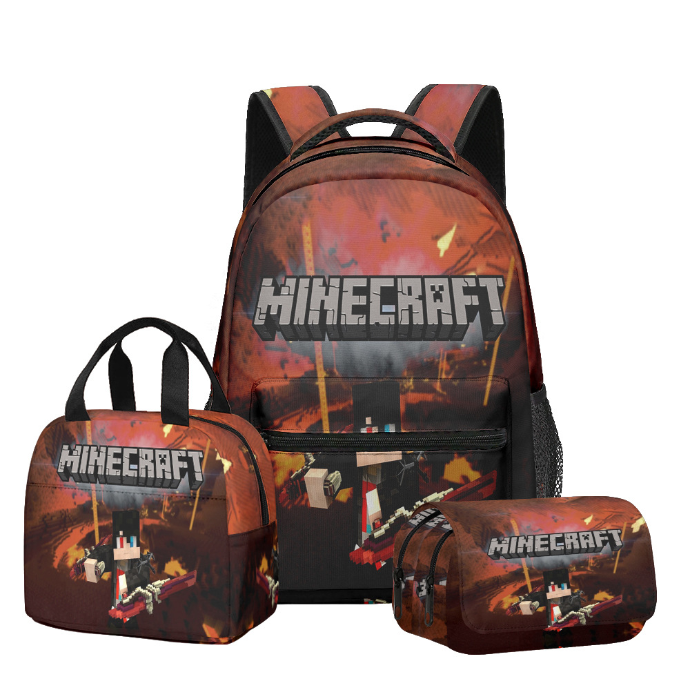 Nuevo producto 3D My World Minecraft mochila de estudiantes de primaria y secundaria bolsa de almuerzo bolsa de bolígrafo doble tres piezas set