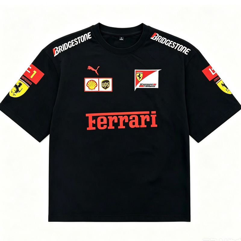 European Size Pure Cotton Printed Round Neck F1 Ferrari Short-Sleeved T-Shirt American Street Style Classic Trendy Brand Couple's Top Custom-Made