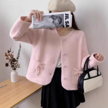 2025秋冬装新款高级感减龄甜美上衣小香风圆领开衫仿水貂绒外套女