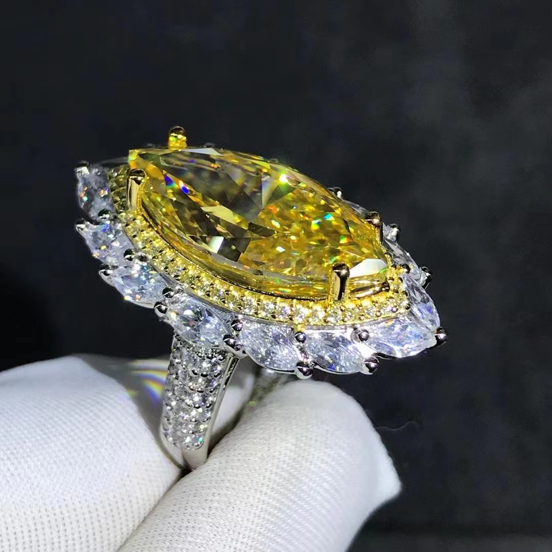 Venta caliente transfronteriza 10 quilates caballo Ojo de corte amarillo anillo de diamante de alto carbono Super brillante 3EX corte VVS Seiko