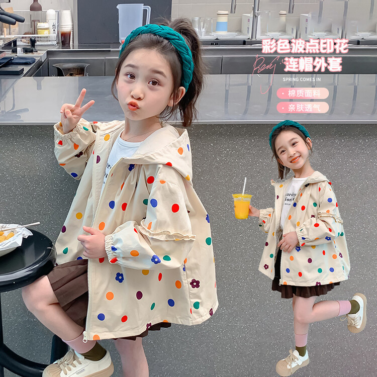 소녀 웨이브 닷 후드 재킷 2025 봄 새로운 재킷 한국 유행 유행 유행 유행 윈드 브레이커 사이버 기념 어린이 코트 트렌디