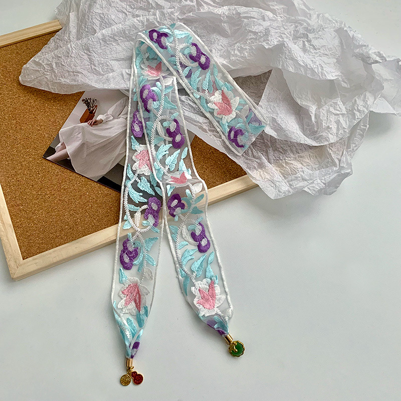 Pañuelo de seda, banda larga, sensación de alto nivel, temperamento de nicho, estilo étnico, bordado floral, bufanda de seda de encaje, cinta para el cabello de nuevo pañuelo en la cabeza