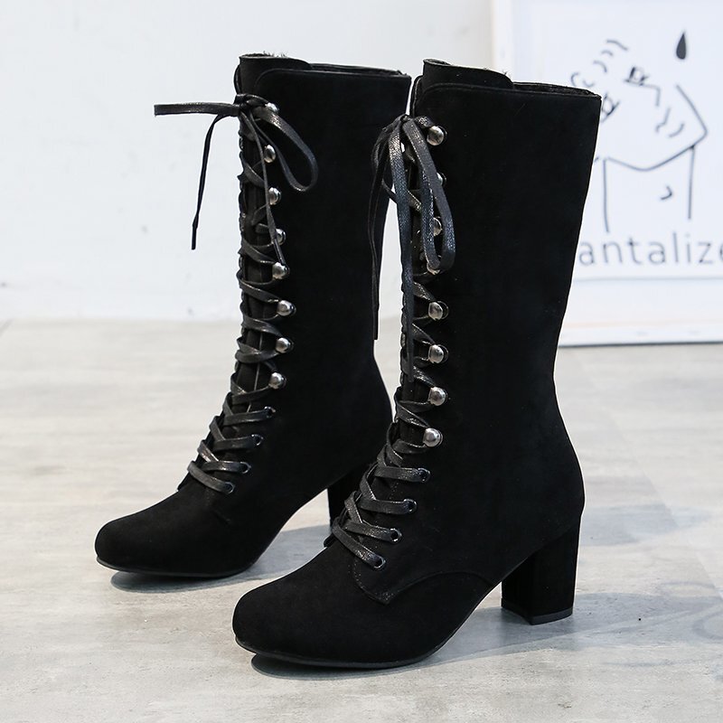 Autumn and winter 2024 mid-barrel suede fashion boots casual round toe high heel solid color metal lace-up plus size in stock