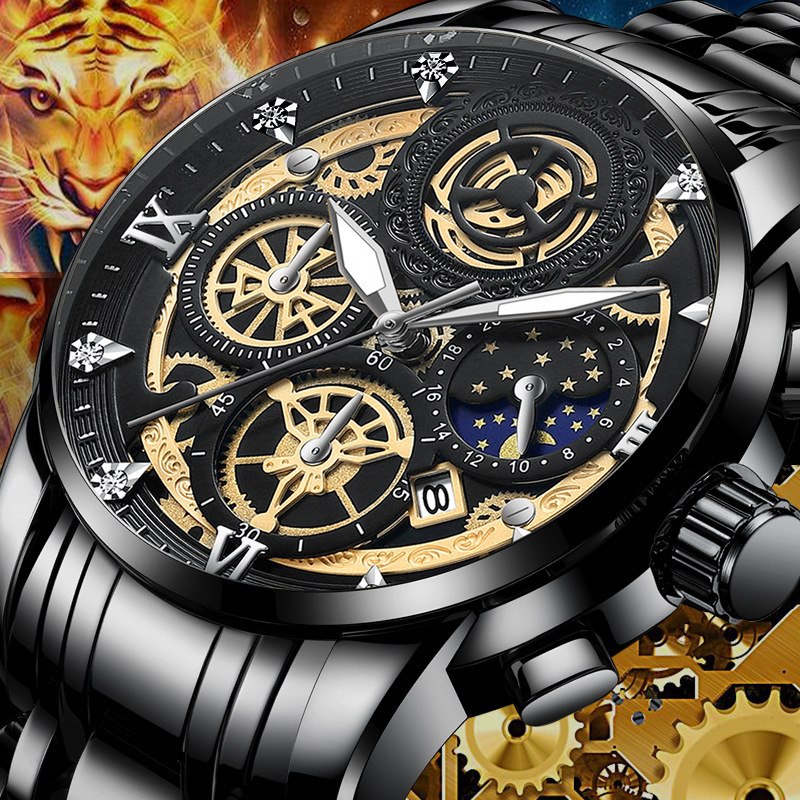 Jahr Sonne Mond Stern Herrenuhr Hohlkalender Tourbillon Quarz wasserdichte Uhr Herrenuhr_voghion.com