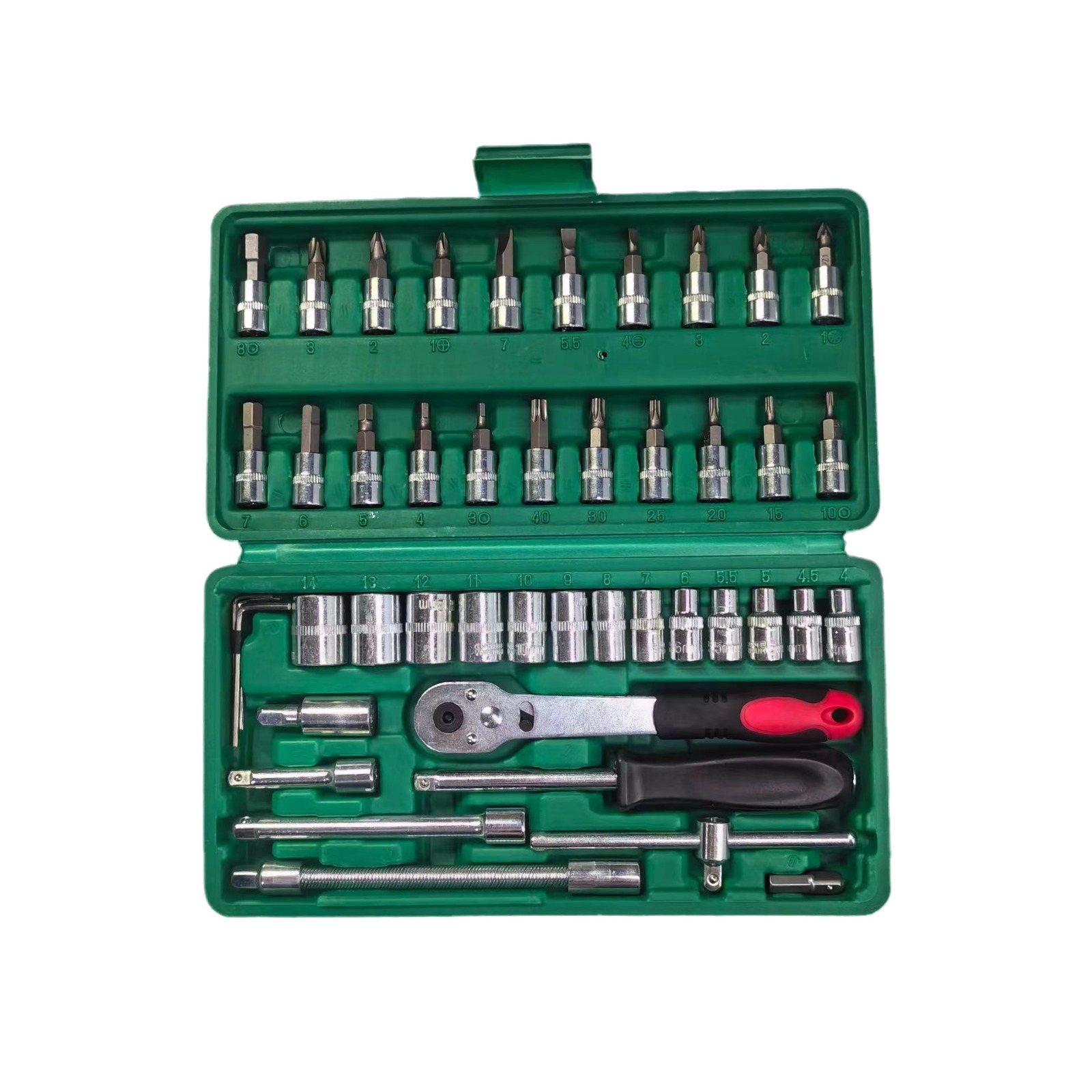 Juego de 46 piezas de nuevo manguito de llave, combinación de cabezal de tubo, juego de llave de trinquete rápido pequeño, caja de herramientas de reparación doméstica