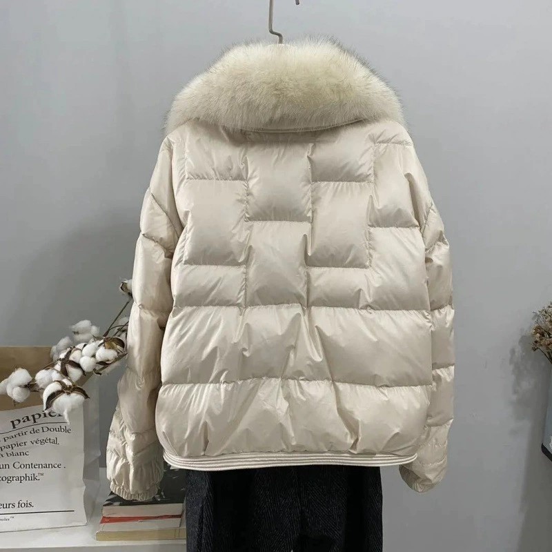 Retro down jacket, fur‑trimmed puffer, short fit, toggles, sizes M–XL