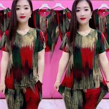 复古夏季女装洋气妈妈装中老年宽松短袖上衣八分裤冰丝两件套装女