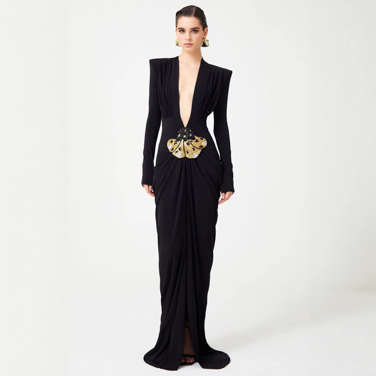 Independent Station Cross-border Bead Decoration Sexy Low-cut Hip Black Long dress European and American Fashion Dinner Dress