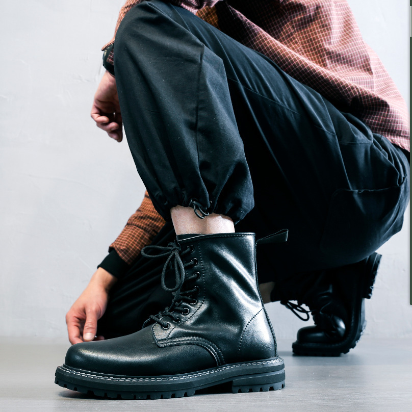 Ins Martin Boots Men's Genuine Leather British Style Work Boots High-Top Leather Shoes Black Korean Style Trendy Versatile Motorcycle Boots