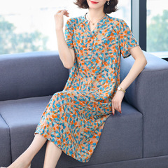 中高年のお母さんの夏服の洋風の綿のワンピースの女性のシャツの気質のハイエンドのゆったりとしている大きいサイズのロングスカート