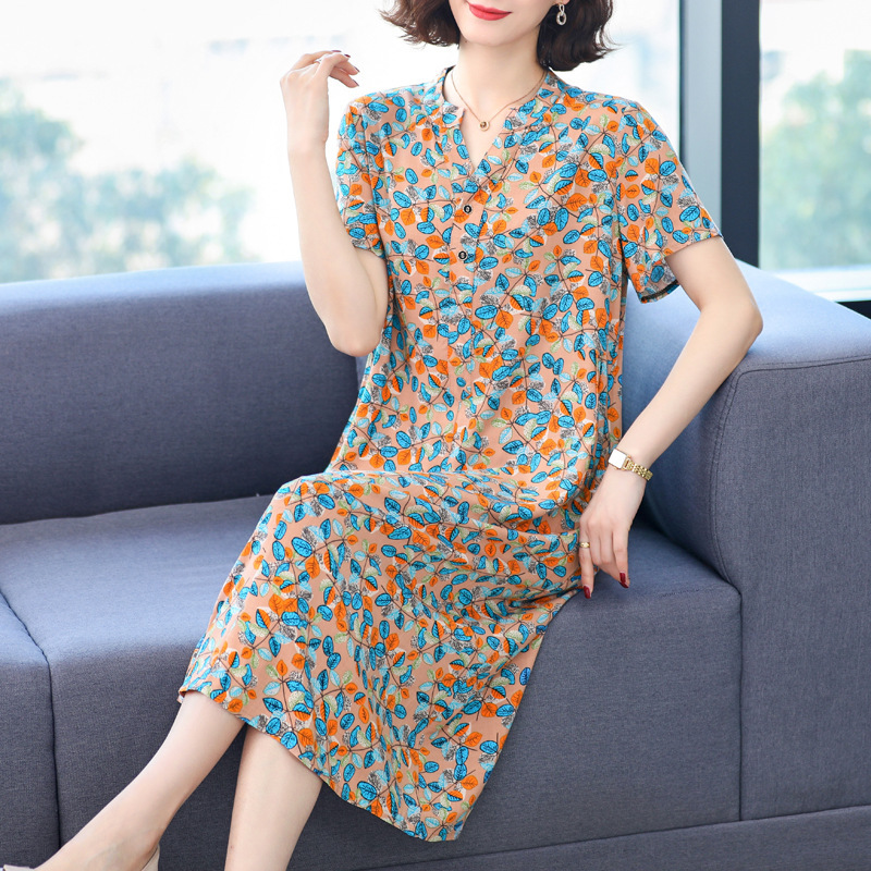 Summer Dress for Middle-Aged and Elderly Mothers, Stylish Cotton Silk Dress, Women's Shirt, Elegant High-End Loose-Fitting Dress That Covers the Belly, Plus-Size Long Dress
