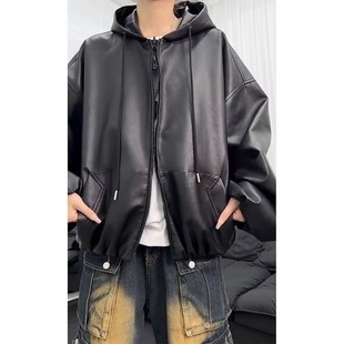 Autumn Embroidered Hooded Waterproof Short Leather Jacket Men's Relaxed Large Profile Puleather Bomber Jacket