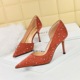 8237-2 Fashion Banquet Women's Shoes High Heels Slim Heels Shallow Notched Satin Side Hollow Rhinestone Single Shoes Women