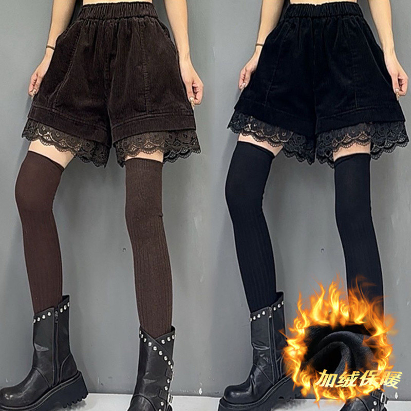 (2개) 블랙 코듀로이 레이스 스티칭 디자인 틈새 캐주얼 반바지 2025 기모 가을과 겨울 넓은 다리 부츠 바지 여성