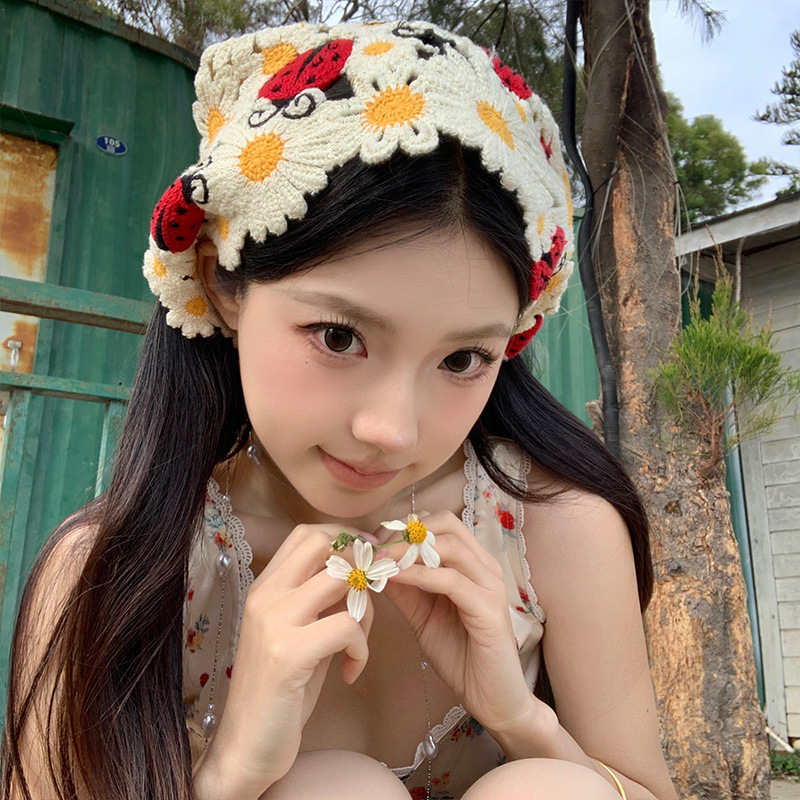 Cute Ladybug Knitted Triangle Headscarf Women's 2025 Spring New Pastoral Style Seaside Vacation Photo Bag Hair Belt