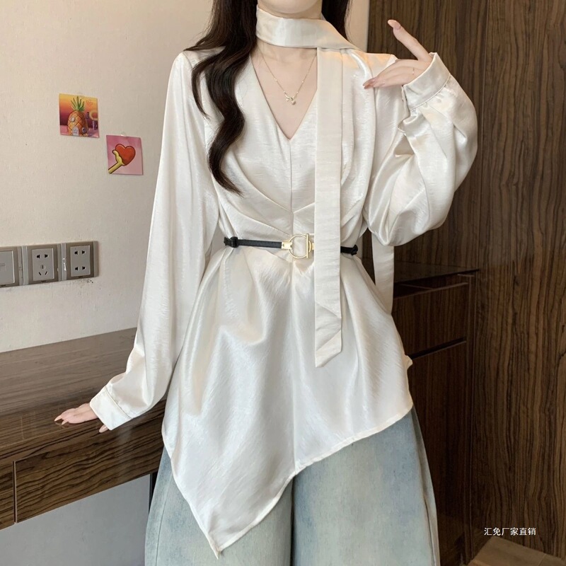 Fashion Versatile Flutter Collar Long Sleeve Shirt Early Autumn 2025 New Black Women's Slim Waist Top