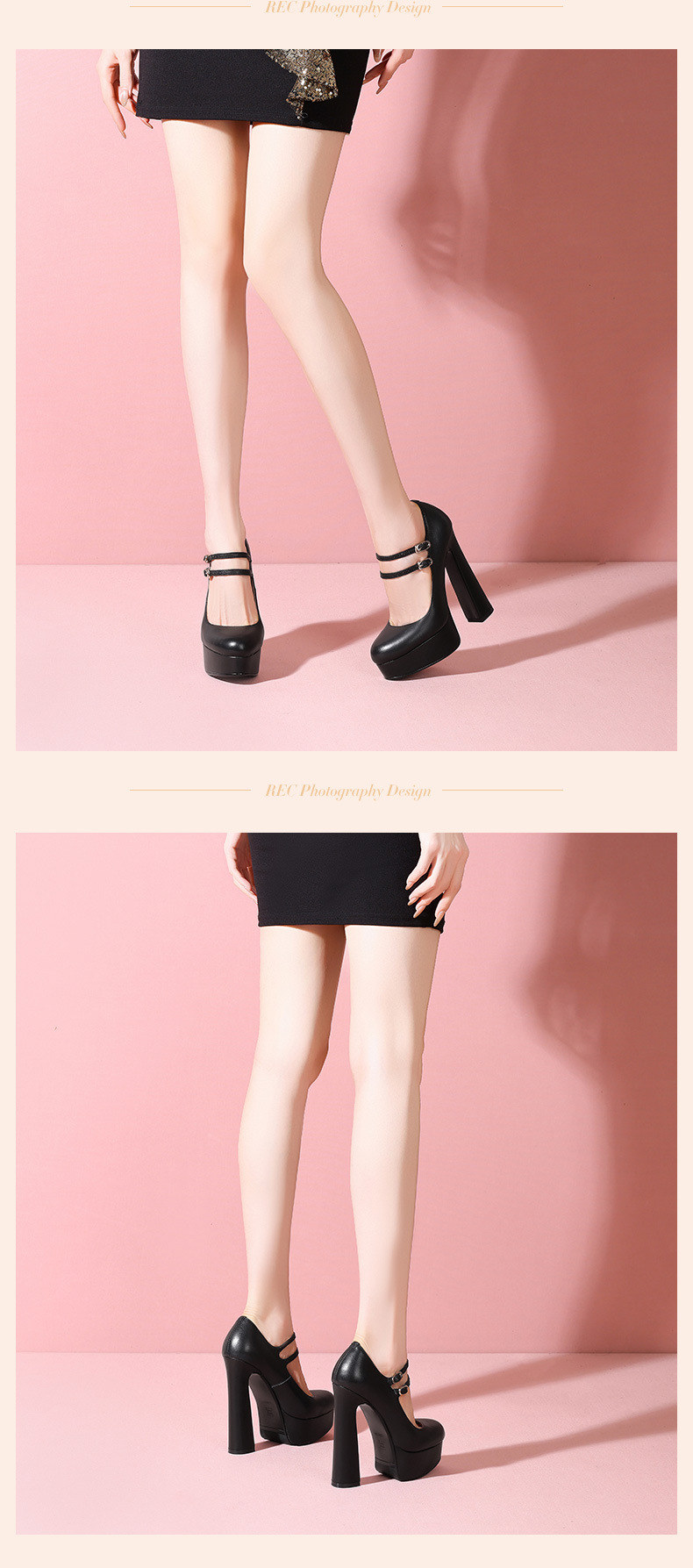 Giày cao gót nữ đế xuồng platform mũi tròn miệng cạn da thật quai một dây, gót 14 cm — Gạo trắng 14cm chi tiết 8