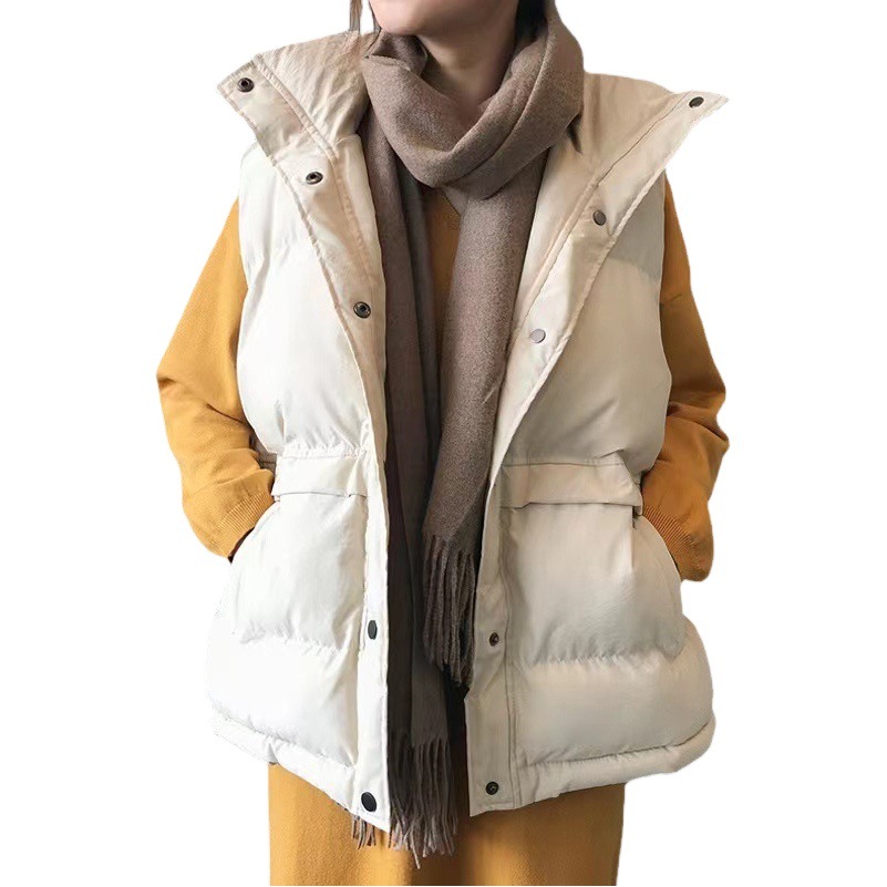 Chaleco de plumón para estudiantes, estilo coreano, corte holgado, chaqueta corta acolchada de otoño-invierno 2025 con cuello vuelto.