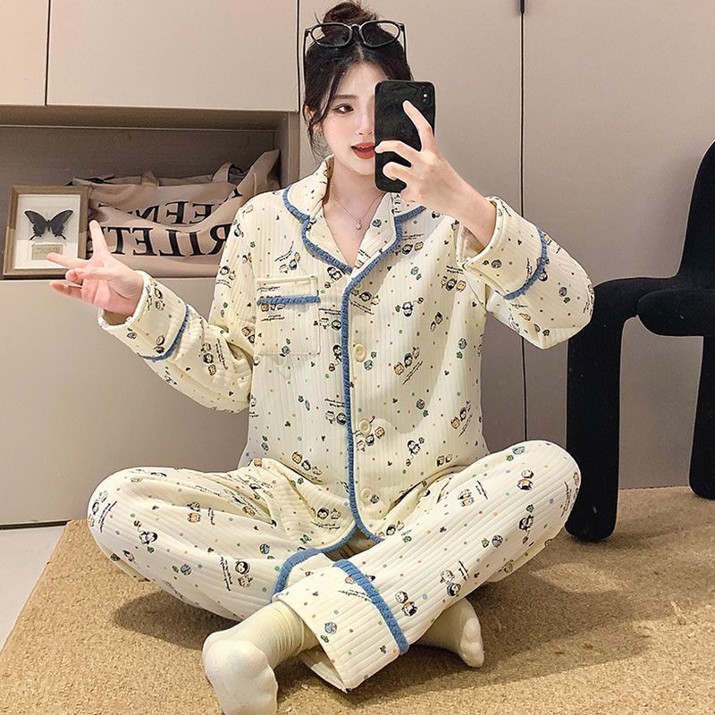 空气棉夹层睡衣女秋冬季新款加厚甜美简约开衫长袖套装保暖家居服|undefined