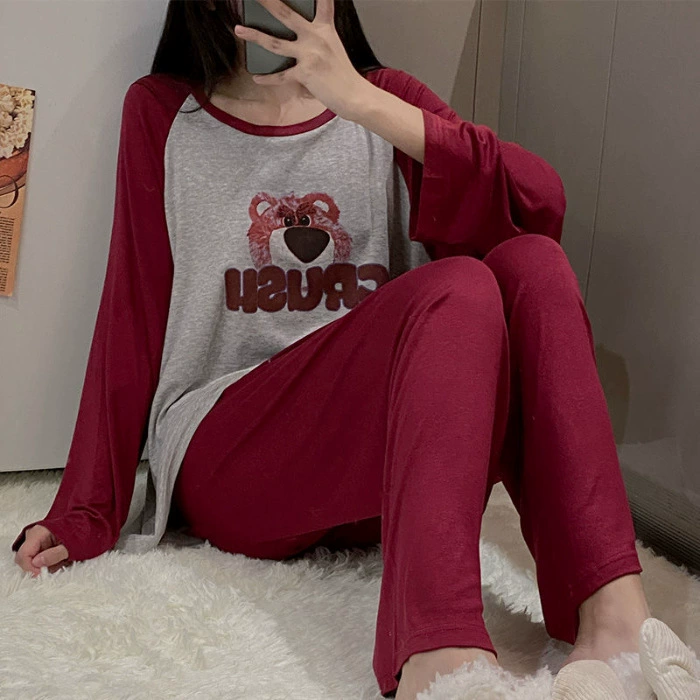 Оверсайз пижамный комплект (cute strawberry) — лонгслив и брюки, круглый ворот, мультяшный принт