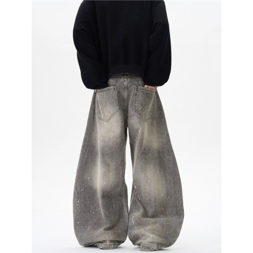 Design sense retro washed vintage gray splashed ink cowboy jeans men's and women's trendy American street style loose pants