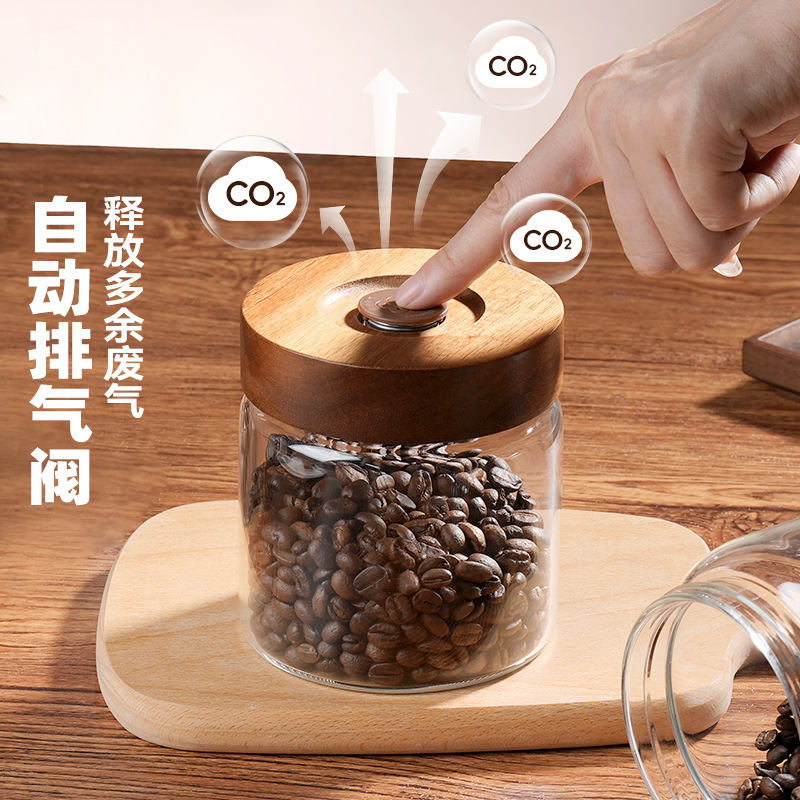 Tanque de sellado de vidrio de grado alimenticio unidireccional de escape de granos de café tanque de soja tanque de almacenamiento cubierta de madera tanque de conservación de cáscara de naranja de té