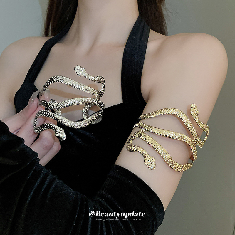 Brazalete de serpiente de doble cabeza envolvente de viento frío de metal europeo y americano, pulsera de todo fósforo de personalidad de alta gama, brazalete de lujo ligero transfronterizo femenino