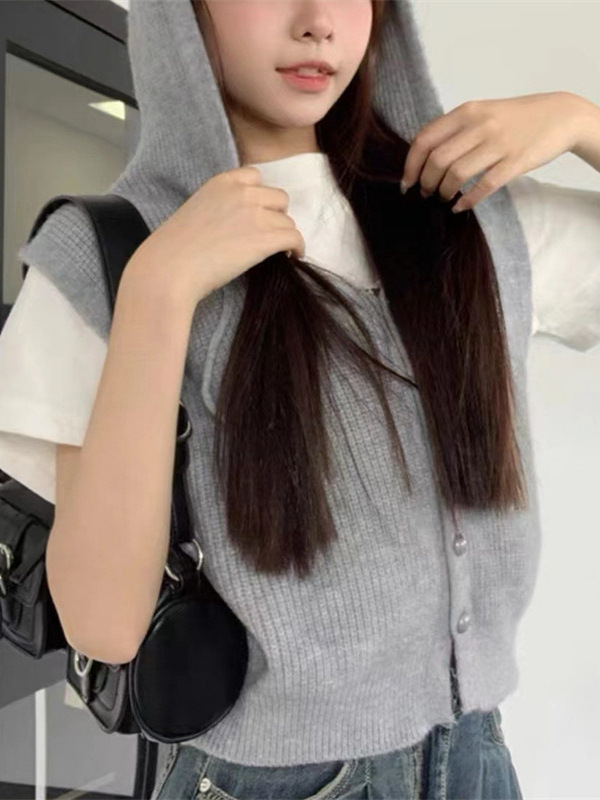 24 invierno Puyuan chaleco de punto para mujeres de principios de otoño chaleco sin mangas coreano corto cardigan con sombrero image 3