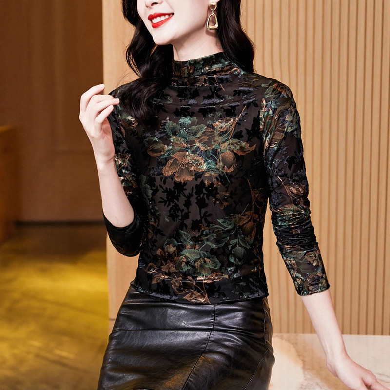 2025秋季新款气质丝绒印花烫钻高领长袖打底衫修身显瘦t恤女批发|undefined