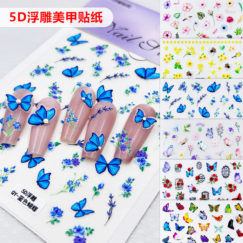 Spring Flower and Butterfly Nail Art Sticker 5d Embossed Small Yellow Flower Colored Flower Blue Charm Butterfly Rose Nail Stereo Decal