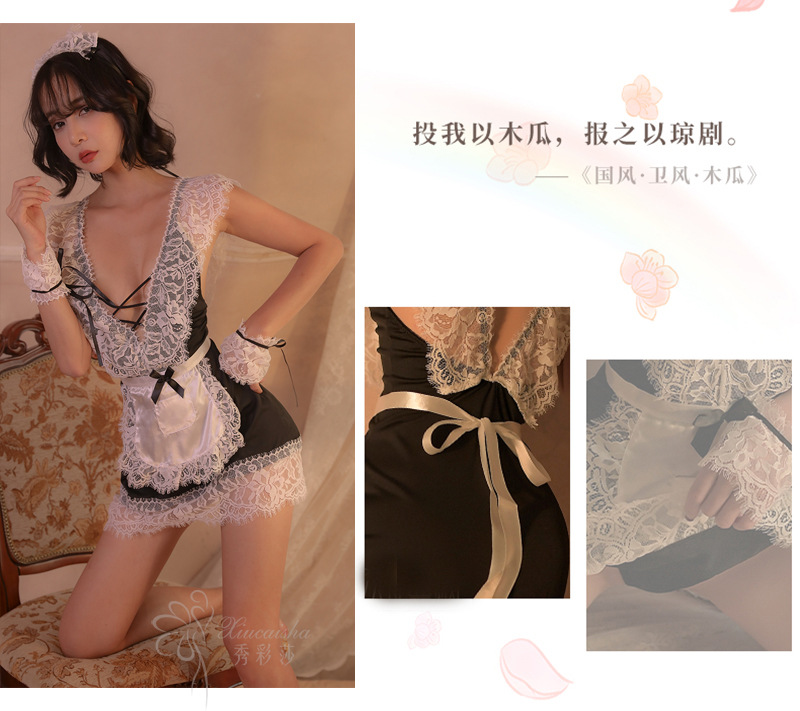 Plus Size Lace Maid Lingerie Set with Headpiece, Apron, Thong and Wristbands — detail image 13