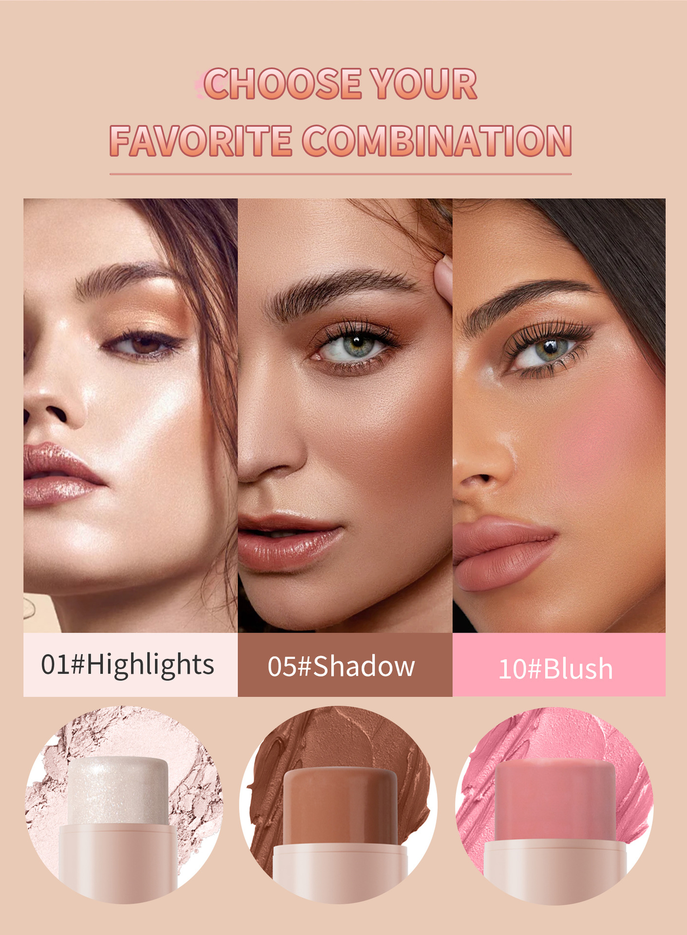 Hellokiss Multi-color Highlighter Blush Makeup Stick Bronzer Three-dimensional Natural Brightening Multi-functional Contouring stick undefined