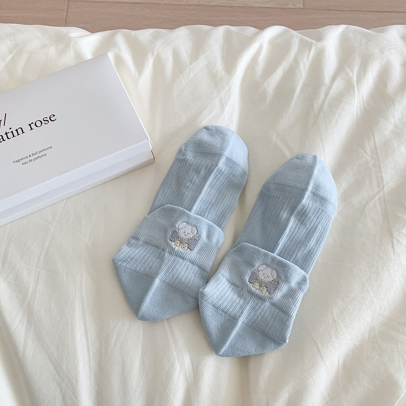 Calcetines de mujer de algodón primavera-verano con osito bordado, estilo kawaii, cómodos y transpirables.