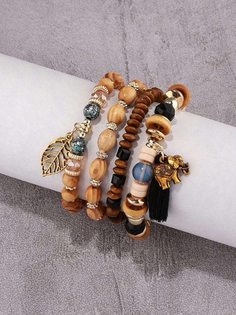 Women's Gender Plating Design Bohemian Leaf Elephant Arylic Alloy Beaded Bracelets Wholesale
