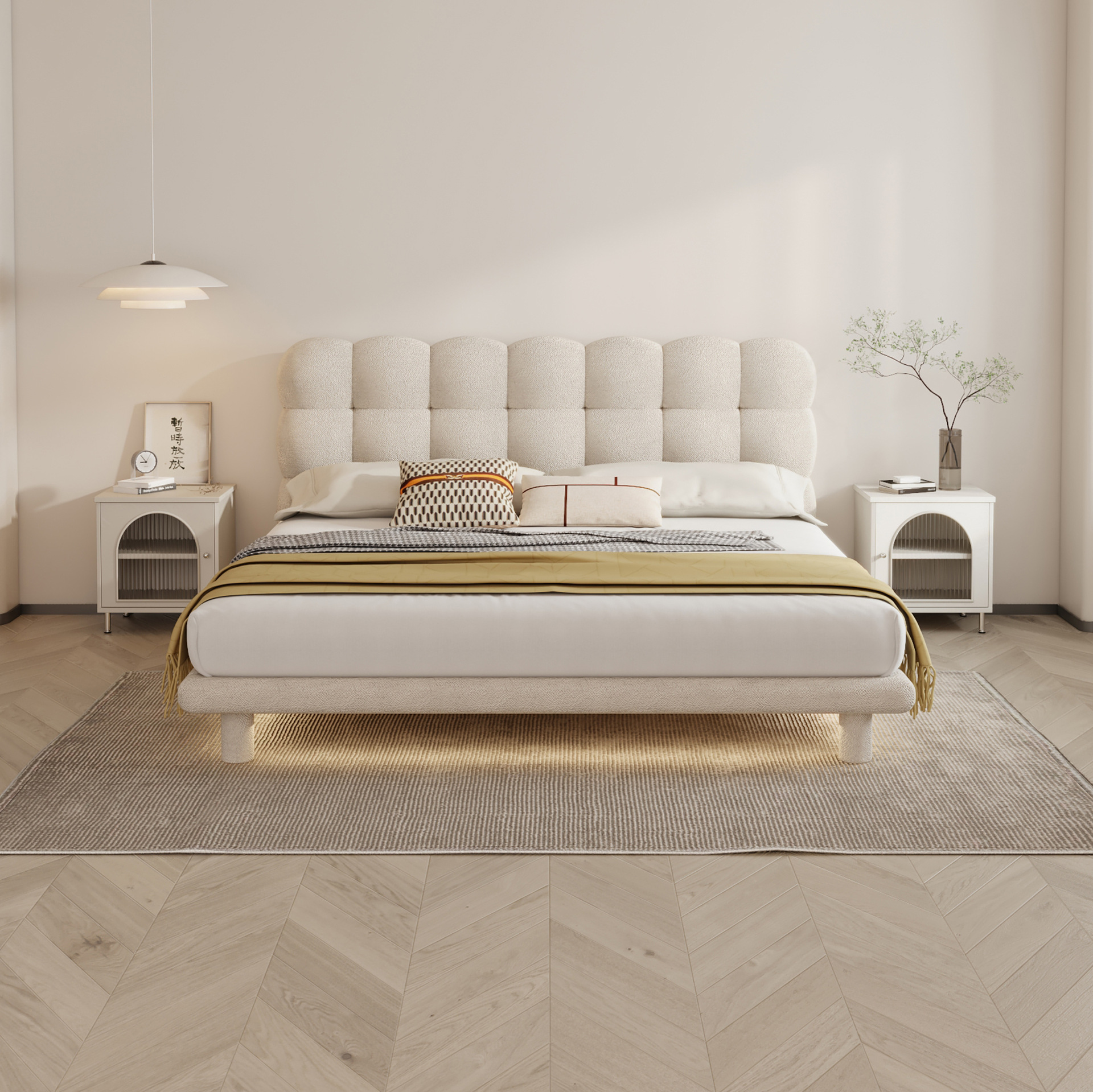 Cama de burbuja de crema francesa Cama de tela de cachemire Cama doble moderna simple Cama de princesa roja en línea Cama infantil