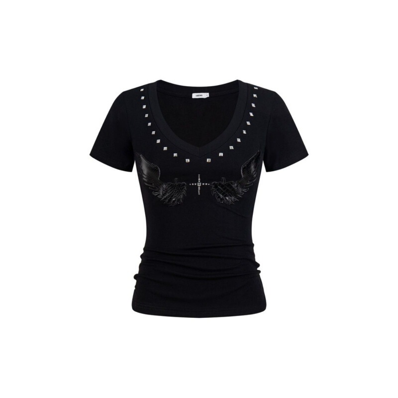 [210g 40-Count Fine Cotton] Hot Girl Style Wing Embroidery V-Neck Short-Sleeved T-Shirt for Women, Black Rivet Slim Fit Top