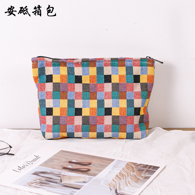源頭工廠新款格子大容量帆布化妝包清新馬賽克洗漱包便攜化妝品包